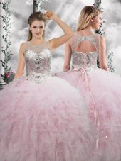 Ball Gowns Sweet 16 Dresses Baby Pink Scoop Tulle Sleeveless Floor Length Lace Up