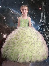 Olive Green Straps Lace Up Beading and Ruffles Little Girl Pageant Gowns Sleeveless