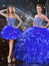 Blue Lace Up Sweetheart Beading and Ruffles Vestidos de Quinceanera Organza Sleeveless