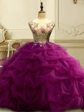 Scoop Sleeveless Vestidos de Quinceanera Floor Length Appliques and Ruffles and Sequins Fuchsia Organza