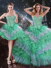 Sleeveless Sweet 16 Dress Floor Length Beading and Ruffles Multi-color Organza