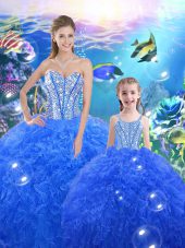 Colorful Blue Ball Gowns Sweetheart Sleeveless Organza Floor Length Lace Up Beading and Ruffles Ball Gown Prom Dress