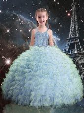 Luxurious Light Blue Organza Lace Up Little Girls Pageant Gowns Sleeveless Floor Length Beading and Ruffles