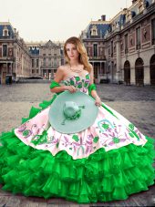 Fancy Green Ball Gowns Organza and Taffeta Sweetheart Sleeveless Embroidery and Ruffled Layers Floor Length Lace Up 15th Birthday Dress