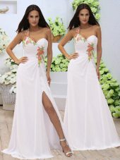 White Elastic Woven Satin Zipper Sweetheart Sleeveless Floor Length Prom Dress Appliques and Ruching