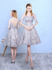 Custom Design Half Sleeves Knee Length Appliques Lace Up Bridesmaid Dresses with Grey