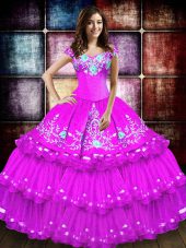 Excellent Fuchsia Sleeveless Floor Length Embroidery and Ruffled Layers Lace Up 15 Quinceanera Dress