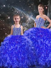 Blue Sweet 16 Quinceanera Dress Military Ball and Sweet 16 and Quinceanera with Beading and Ruffles Sweetheart Sleeveless Lace Up