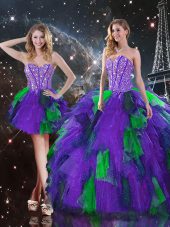 Hot Selling Multi-color Tulle Lace Up Quince Ball Gowns Sleeveless Floor Length Beading and Ruffles