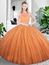 Pretty Two Pieces Sweet 16 Dresses Orange Scoop Organza Sleeveless Floor Length Zipper