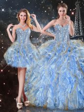Light Blue Sleeveless Floor Length Beading and Ruffles Lace Up Sweet 16 Dress