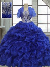 Eye-catching Royal Blue Ball Gowns Sweetheart Short Sleeves Organza Floor Length Lace Up Ruffles Quinceanera Dresses