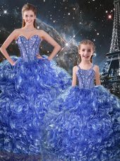 Latest Organza Sweetheart Sleeveless Lace Up Beading and Ruffles Quince Ball Gowns in Blue