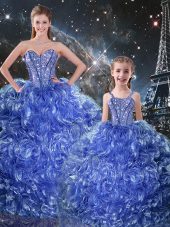 Latest Organza Sweetheart Sleeveless Lace Up Beading and Ruffles Quince Ball Gowns in Blue