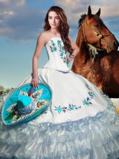 Fitting Sleeveless Floor Length Embroidery and Ruffled Layers Lace Up Quinceanera Dresses with White