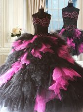 Beading and Ruffles Quinceanera Gown Pink And Black Lace Up Sleeveless Floor Length