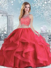Designer Sleeveless Organza Floor Length Clasp Handle Sweet 16 Quinceanera Dress in Coral Red with Beading and Ruffles