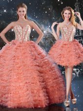 Watermelon Red Ball Gown Prom Dress Military Ball and Sweet 16 and Quinceanera with Beading and Ruffled Layers Sweetheart Sleeveless Lace Up