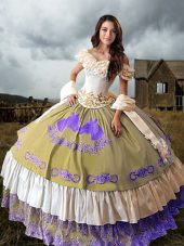 Latest Taffeta Off The Shoulder Sleeveless Brush Train Lace Up Embroidery and Ruffled Layers Sweet 16 Quinceanera Dress in Multi-color