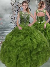 Scoop Sleeveless Lace Up 15 Quinceanera Dress Olive Green Organza