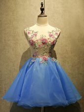 High End Blue Lace Up Dress for Prom Embroidery Sleeveless Mini Length