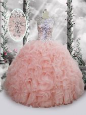 Graceful Baby Pink Sleeveless Organza Lace Up Quinceanera Dresses for Quinceanera