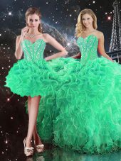 Sleeveless Floor Length Beading and Ruffles Lace Up Ball Gown Prom Dress with Green