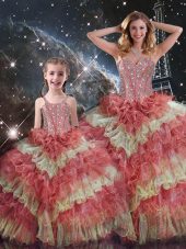 Multi-color Ball Gowns Sweetheart Sleeveless Organza Floor Length Lace Up Beading and Ruffled Layers and Sequins 15th Birthday Dress