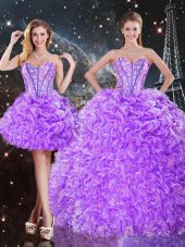 Charming Floor Length Lace Up Quince Ball Gowns Lavender for Military Ball and Sweet 16 and Quinceanera with Beading and Ruffles