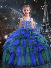 Blue Straps Neckline Beading and Ruffles Party Dress Wholesale Sleeveless Lace Up