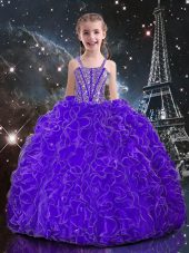 Eggplant Purple Organza Lace Up Straps Sleeveless Floor Length Girls Pageant Dresses Beading and Ruffles