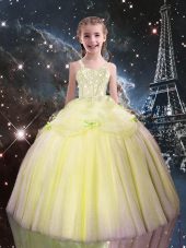 Straps Sleeveless Party Dress Floor Length Beading Light Yellow Tulle