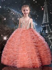 Ball Gowns Kids Pageant Dress Watermelon Red Straps Tulle Sleeveless Floor Length Lace Up