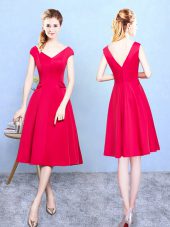 Extravagant V-neck Cap Sleeves Zipper Bridesmaids Dress Red Satin
