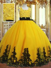 Gold Ball Gowns Lace and Appliques Little Girl Pageant Dress Zipper Tulle Sleeveless Floor Length