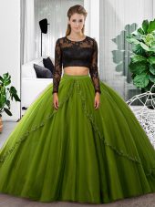 Floor Length Olive Green 15th Birthday Dress Scoop Long Sleeves Backless
