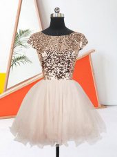 Peach A-line Sequins Homecoming Dress Lace Up Organza Short Sleeves Mini Length