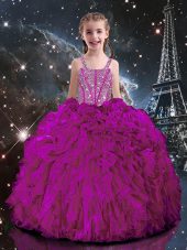 Enchanting Fuchsia Short Sleeves Floor Length Beading and Ruffles Lace Up Little Girl Pageant Dress