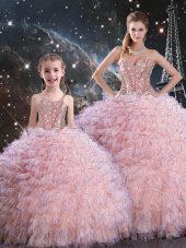 Flare Sweetheart Sleeveless Organza 15 Quinceanera Dress Beading and Ruffles Lace Up