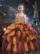 Sleeveless Tulle Floor Length Lace Up Little Girls Pageant Gowns in Orange with Beading and Ruffles