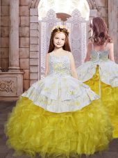 Sleeveless Embroidery and Ruffles Lace Up Party Dress for Toddlers with Gold Brush Train