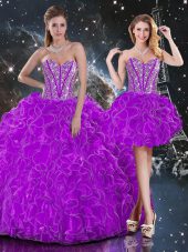Luxurious Floor Length Purple Sweet 16 Dresses Organza Sleeveless Beading and Ruffles