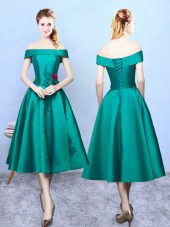 Sleeveless Taffeta Tea Length Lace Up Damas Dress in Dark Green with Appliques
