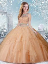 Custom Made Champagne Vestidos de Quinceanera Military Ball and Sweet 16 and Quinceanera with Beading Scoop Sleeveless Clasp Handle