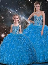 Floor Length Lace Up Sweet 16 Quinceanera Dress Baby Blue for Military Ball and Sweet 16 and Quinceanera with Beading and Ruffles