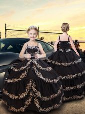 Black Taffeta Lace Up Spaghetti Straps Sleeveless Floor Length Pageant Gowns For Girls Embroidery and Ruffled Layers