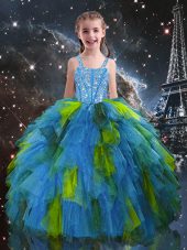 Customized Straps Sleeveless Tulle Kids Pageant Dress Beading and Ruffles Lace Up