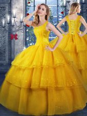 Admirable Straps Sleeveless Lace Up Sweet 16 Dress Gold Organza