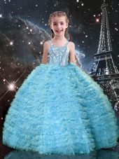 Excellent Sleeveless Floor Length Beading and Ruffled Layers Lace Up Kids Formal Wear with Aqua Blue