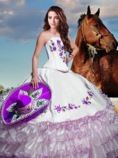White Lace Up Quince Ball Gowns Embroidery and Ruffled Layers Sleeveless Floor Length